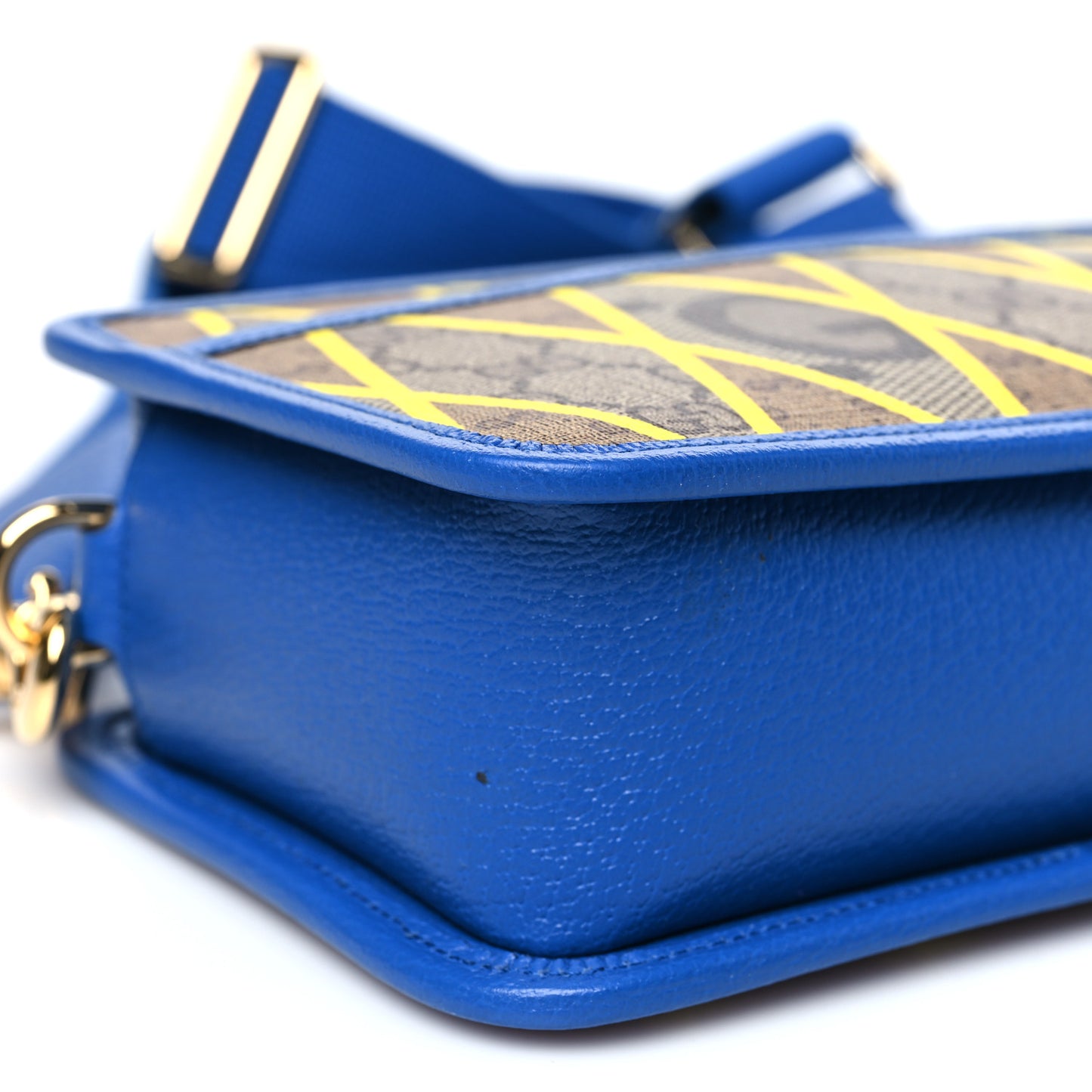 GG Supreme Monogram Mix Textured Dollar Calfskin Rhombus Inlay Crossbody Bag Beige Ebony Harvest Joy Blue