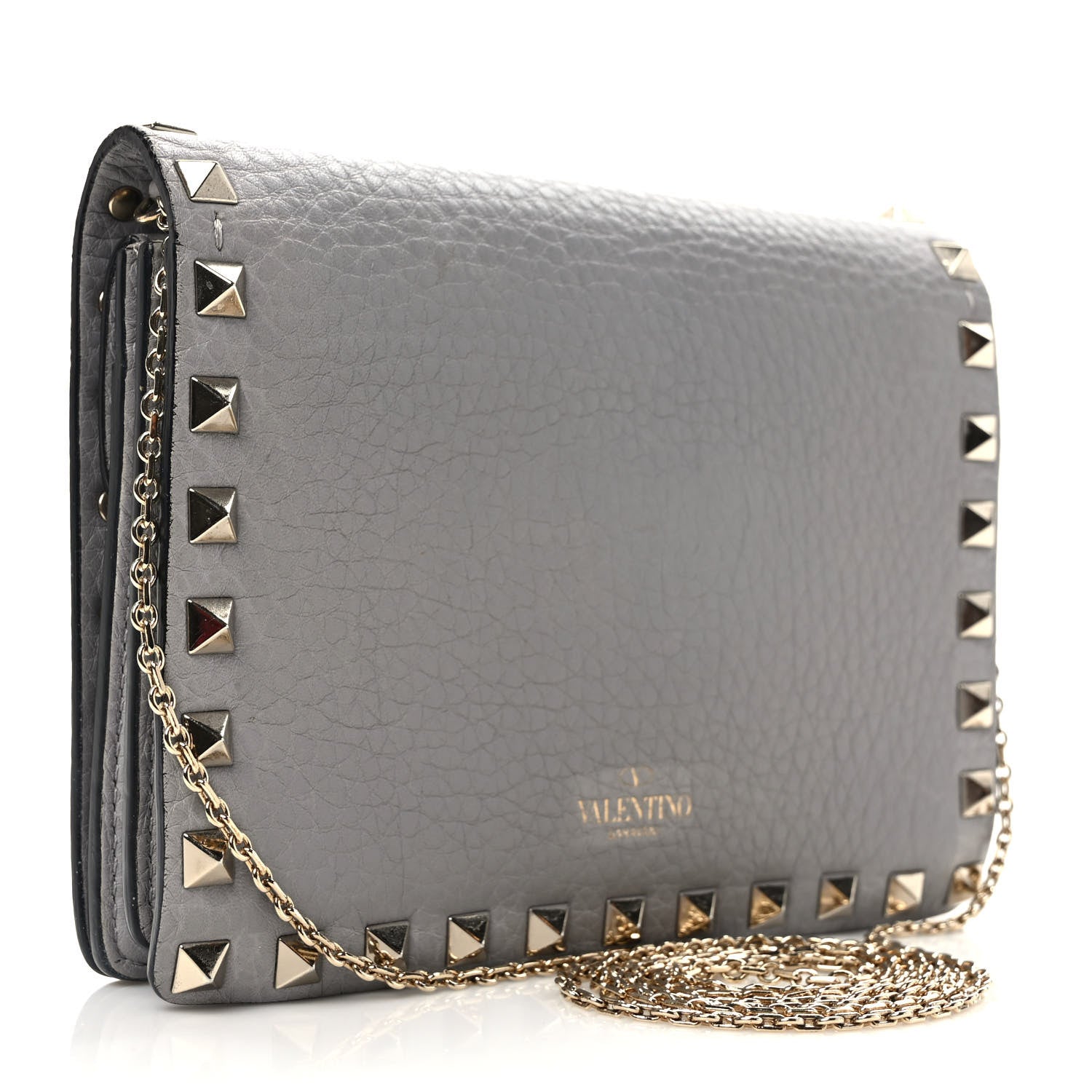 Valentino Garavani Pebbled Calfskin Rockstud Wallet On Chain Pastel Grey 3 of 10