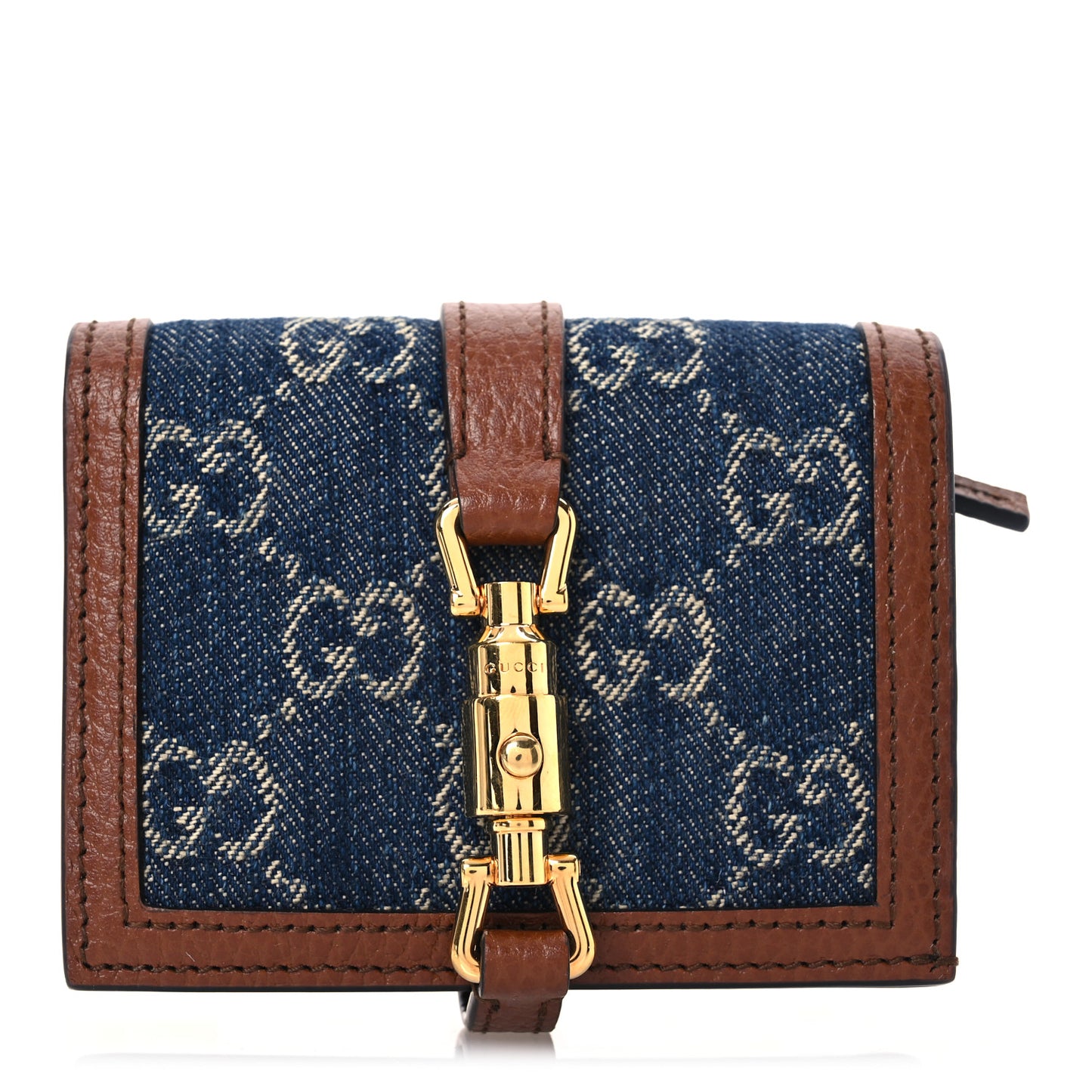 New Denim GG Monogram Jackie 1961 Card Case Blue Tea Cuir