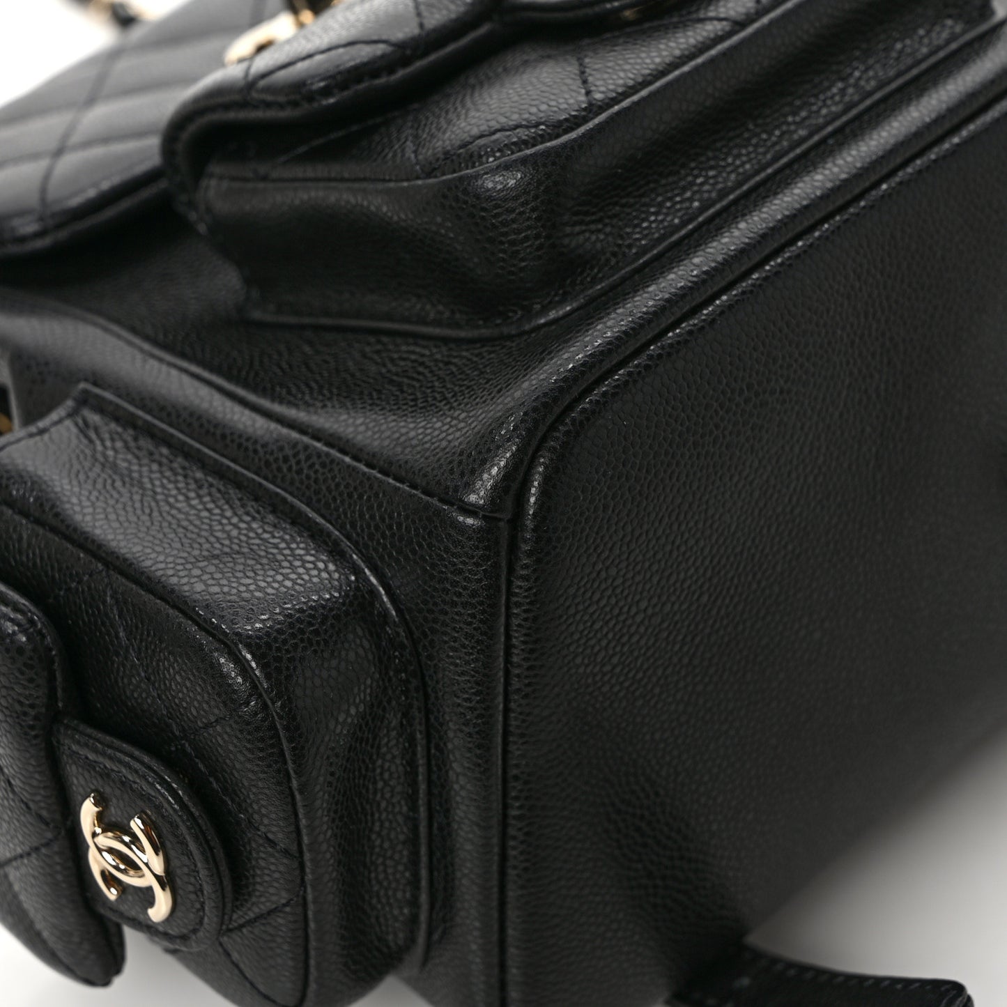 Shiny Caviar Quilted Small Pockets Drawstring Backpack Black