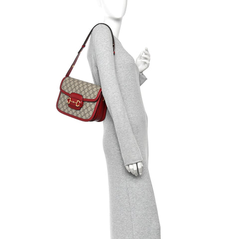 GG Supreme Monogram Azalea Calfskin Horsebit 1955 Shoulder Bag Beige Ebony New Cherry Red