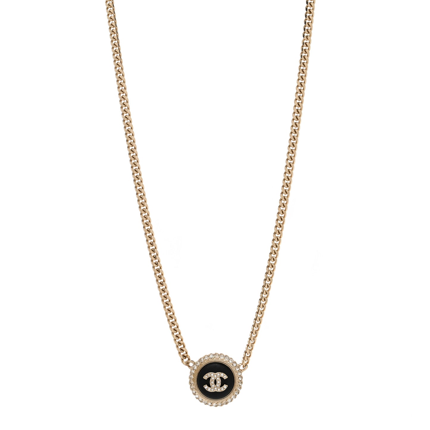 Metal Lambskin Crystal CC Pendant Necklace Black Gold