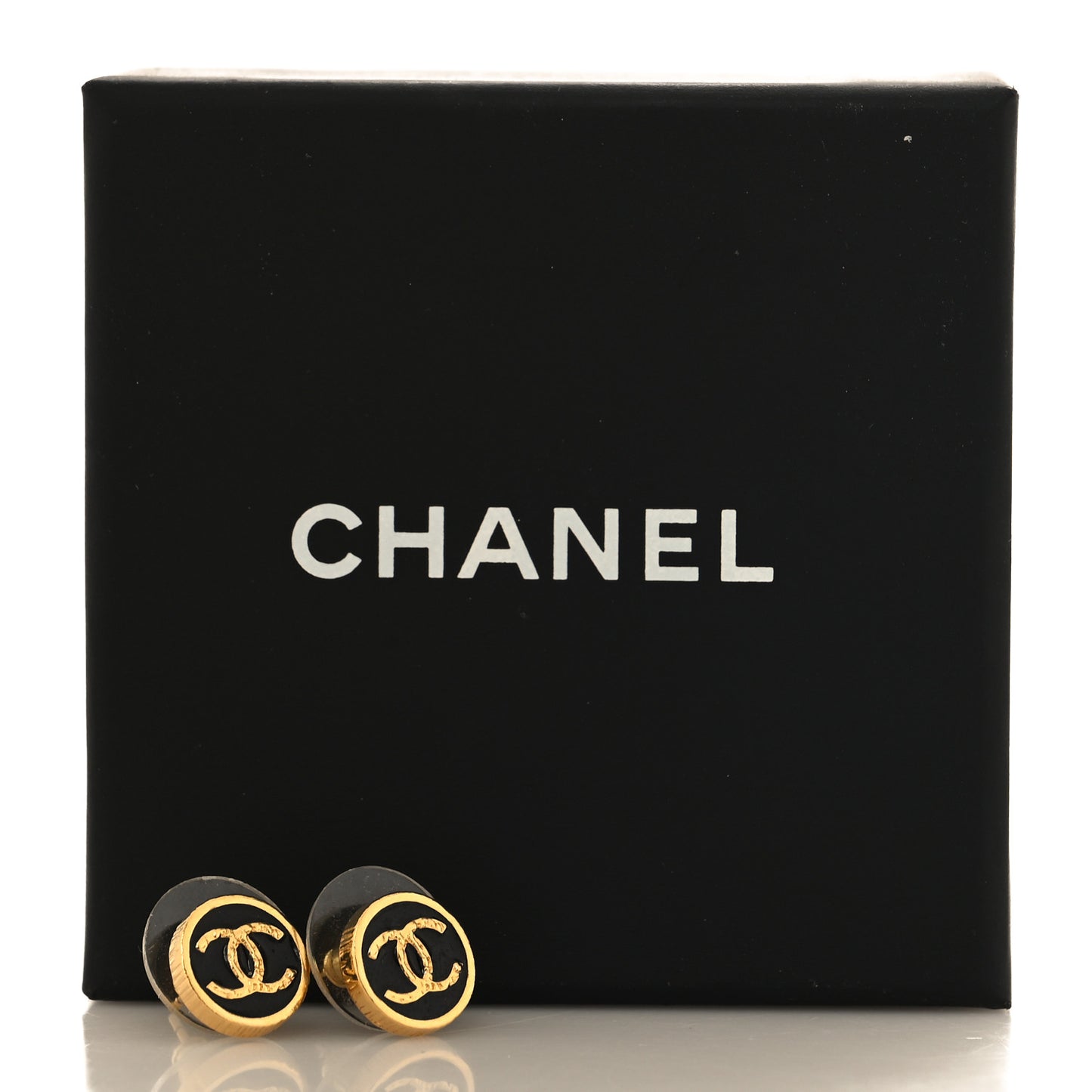 Metal Enamel CC Round Earrings Gold Black