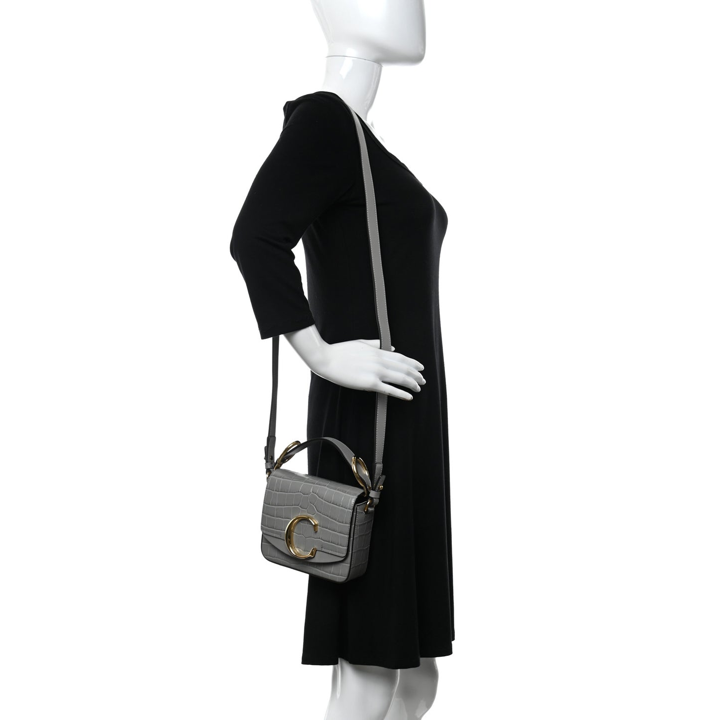 Crocodile Embossed Calfskin Mini C Double Carry Stormy Grey