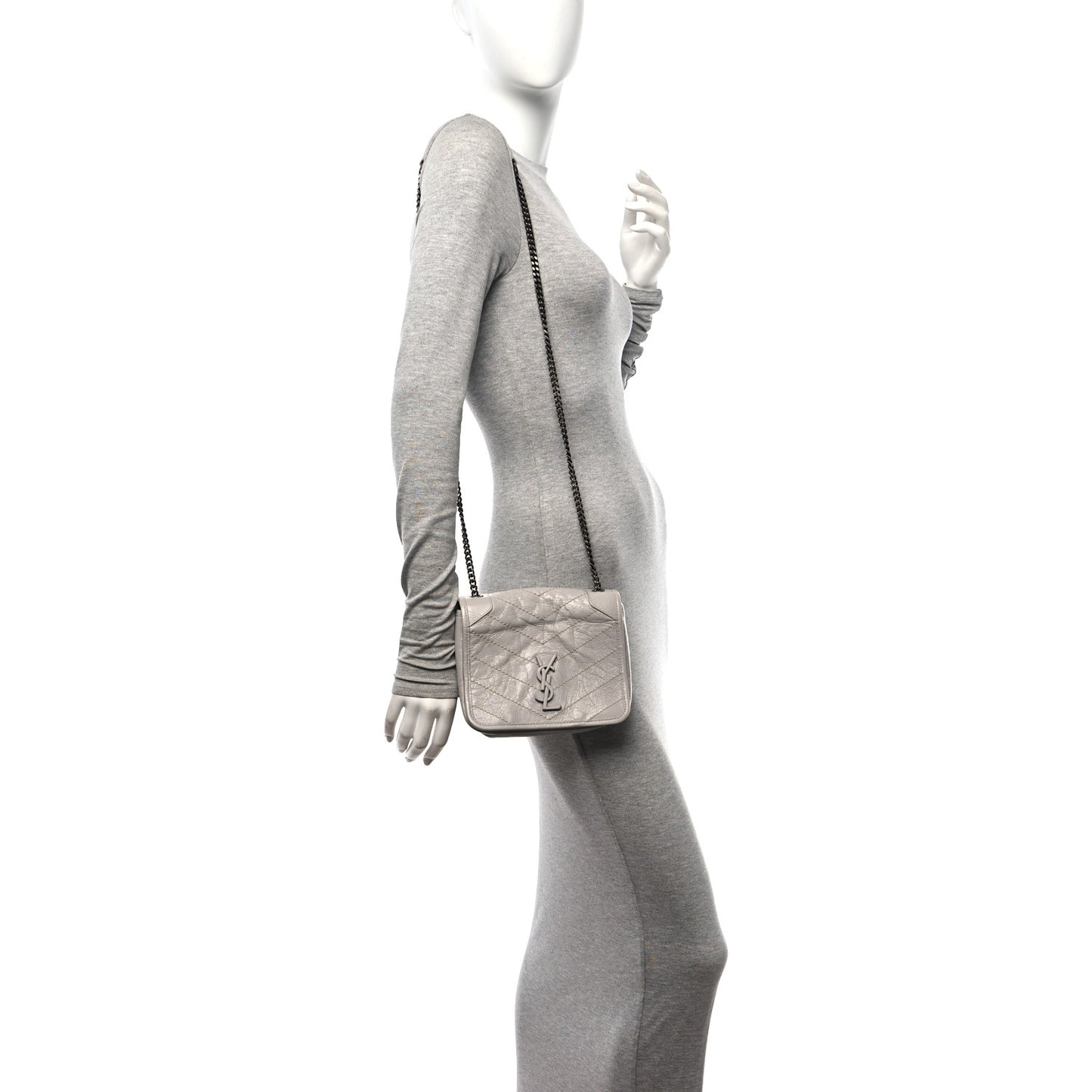 Crinkled Calfskin Matelasse Monogram Niki Chain Wallet Light Grey