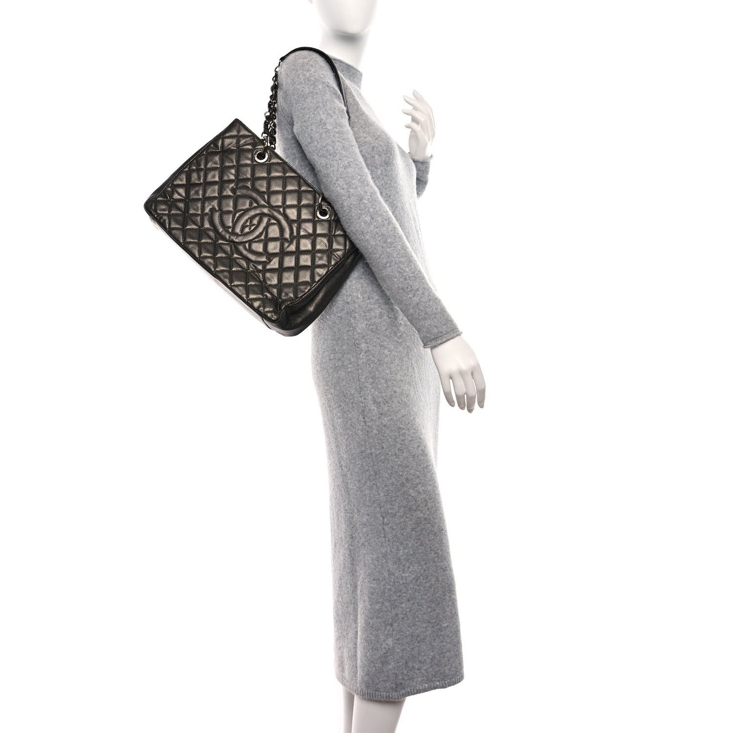 Metallic Caviar Quilted Grand Shopping Tote GST Dark Silver