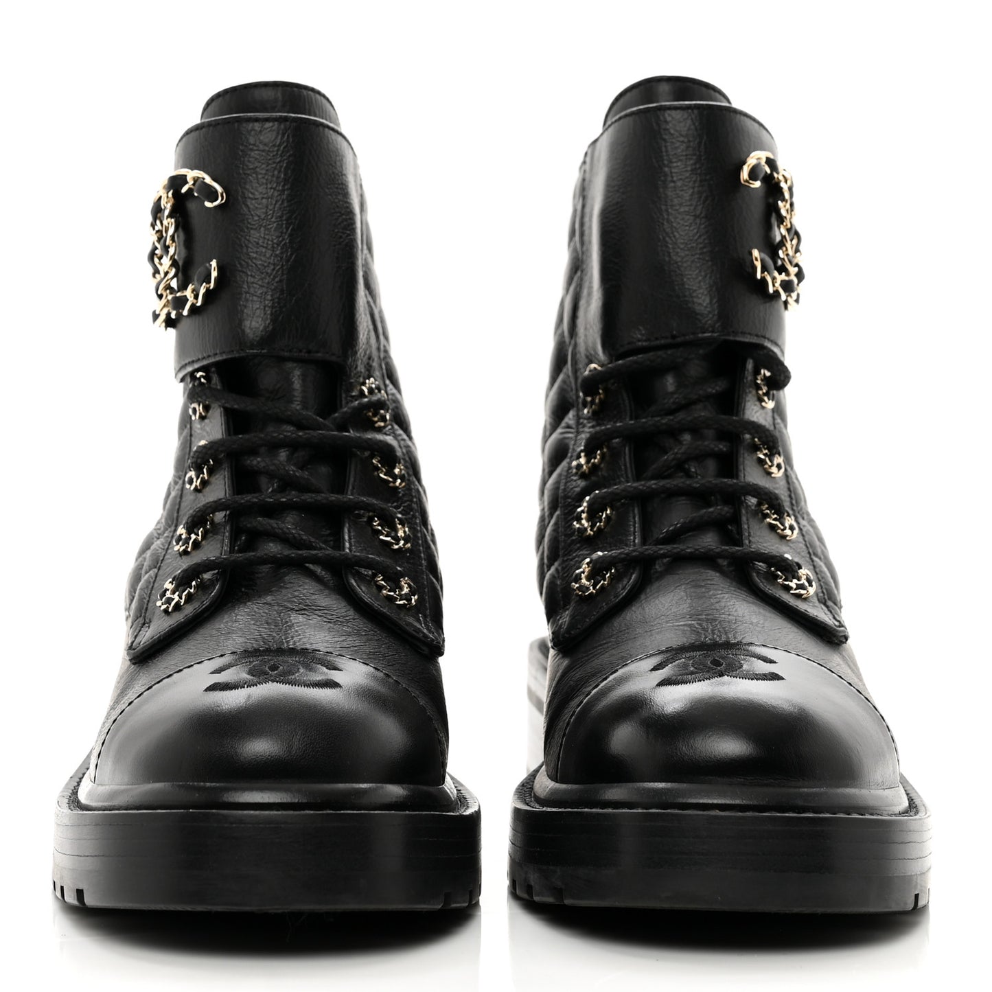 Shiny Calfskin Quilted Lace Up Combat Boots 38 Black