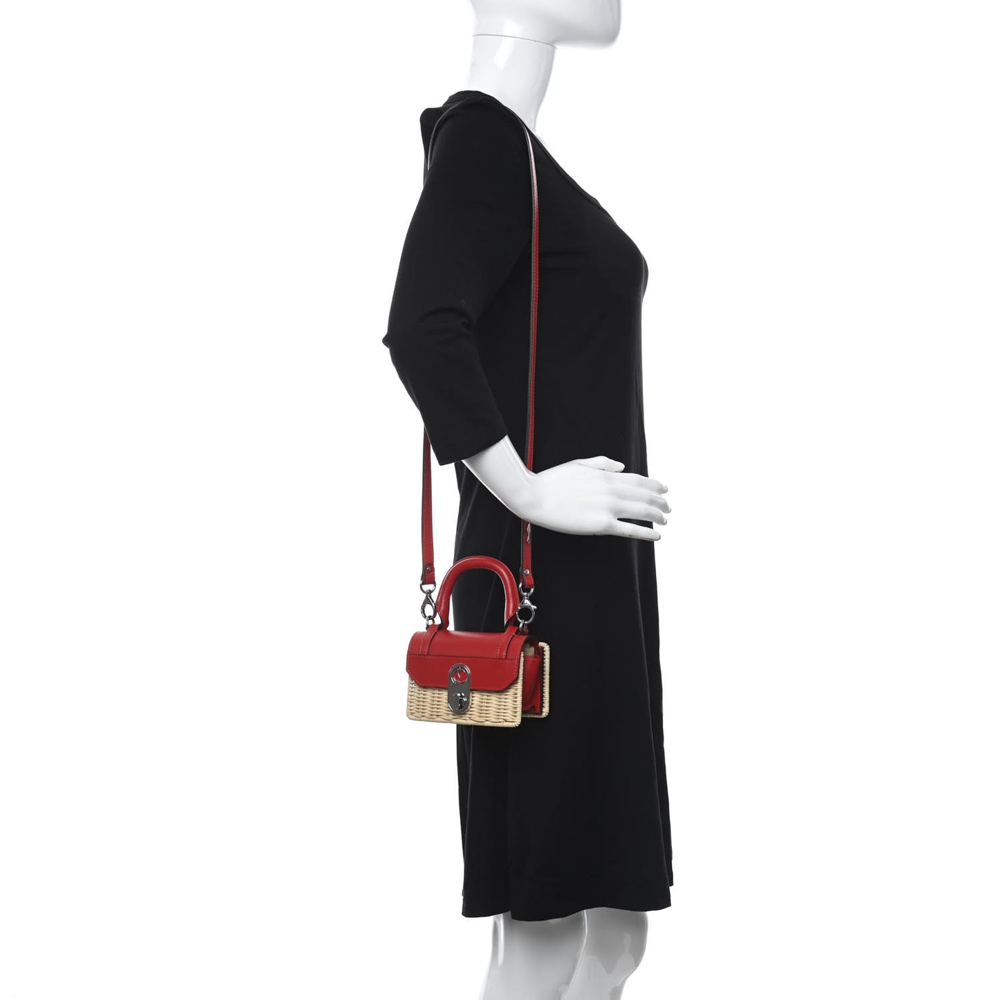 Rattan Woven Calfskin Elisa Nano Top Handle Bag Red