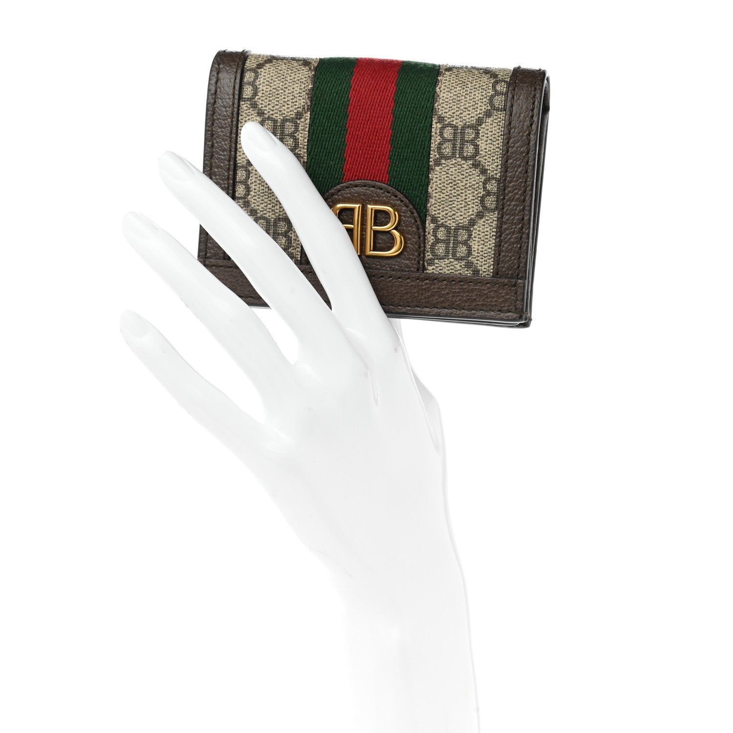 Gucci X BALENCIAGA BB Supreme Monogram Textured Dollar Calfskin Web Ophidia Card Case Wallet Beige Ebony New Acero 2 of 9