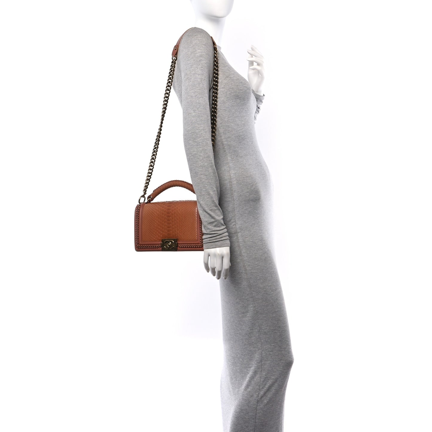 Snakeskin Calfskin Medium Chain Around Top Handle Boy Flap Camel