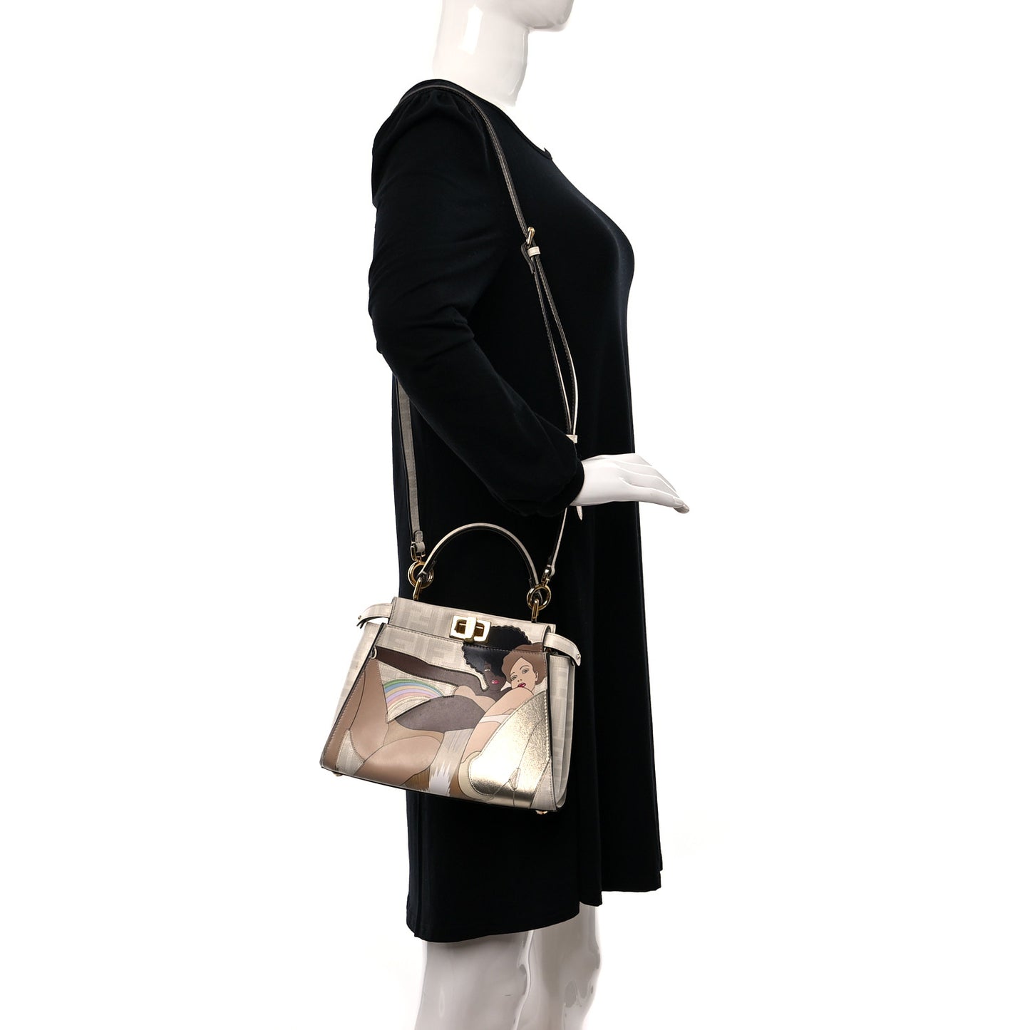 Glazed Fabric Nappa FF Disco Girls Inlay Mini Peekaboo Iconic Satchel Bianco Perla Multicolor