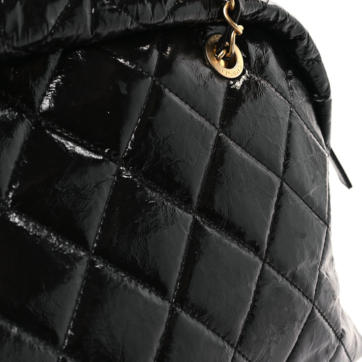 Shiny Crumpled Calfskin Quilted Large Bowling Bag Black