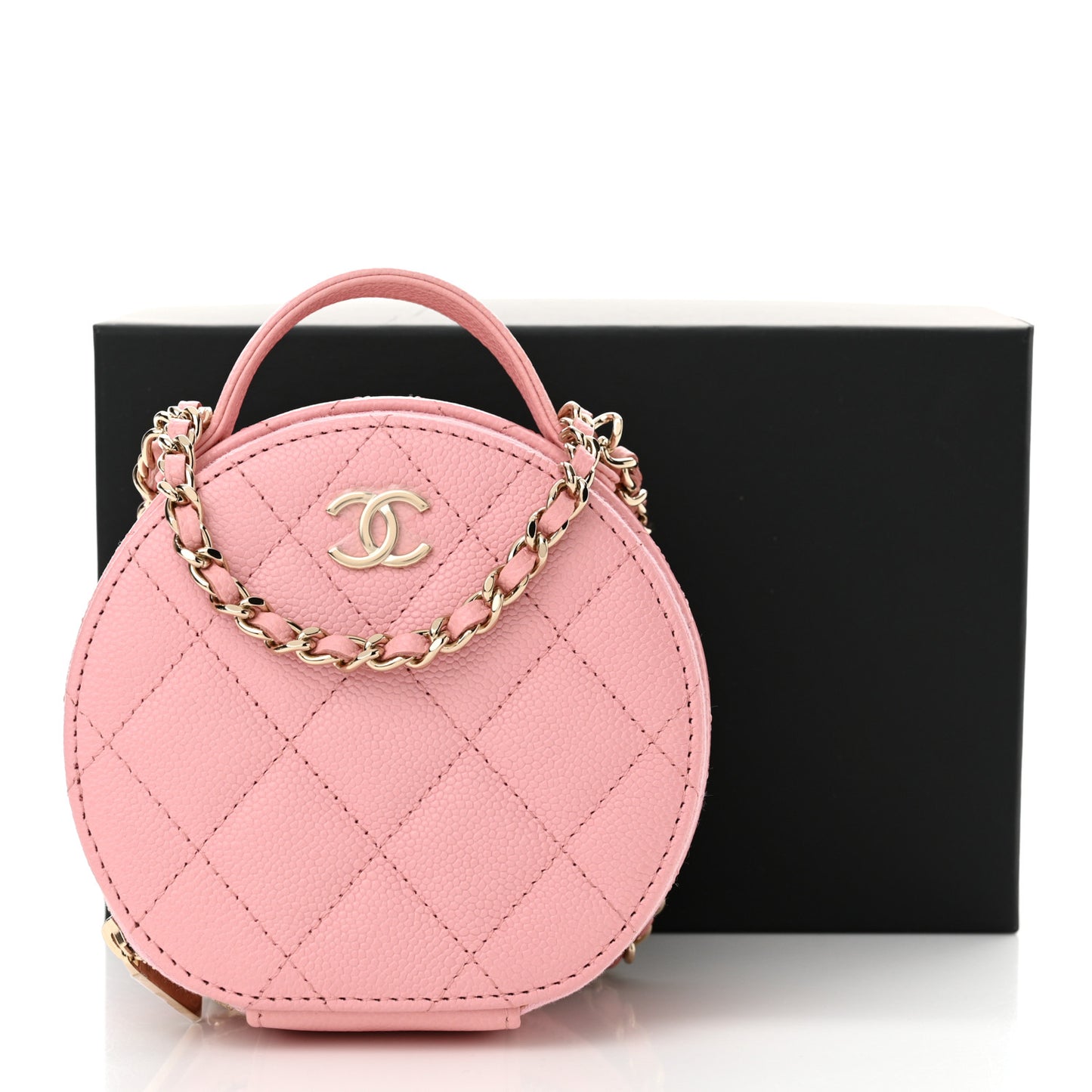 Caviar Quilted Round Handle With Care Vanity With Chain Pink
