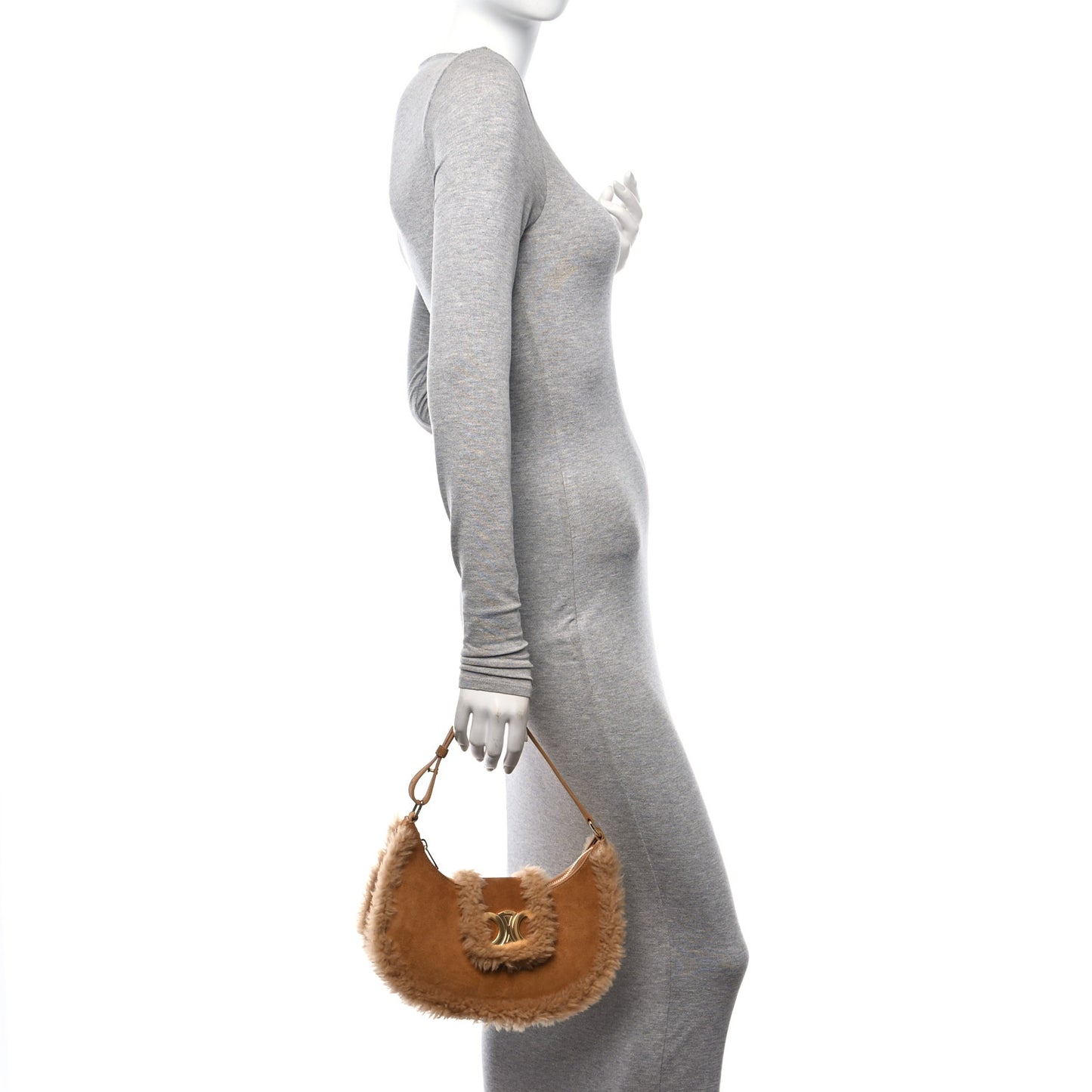 Suede Calfskin Shearling Medium Strap Ava Triomphe Shoulder Bag Tobacco