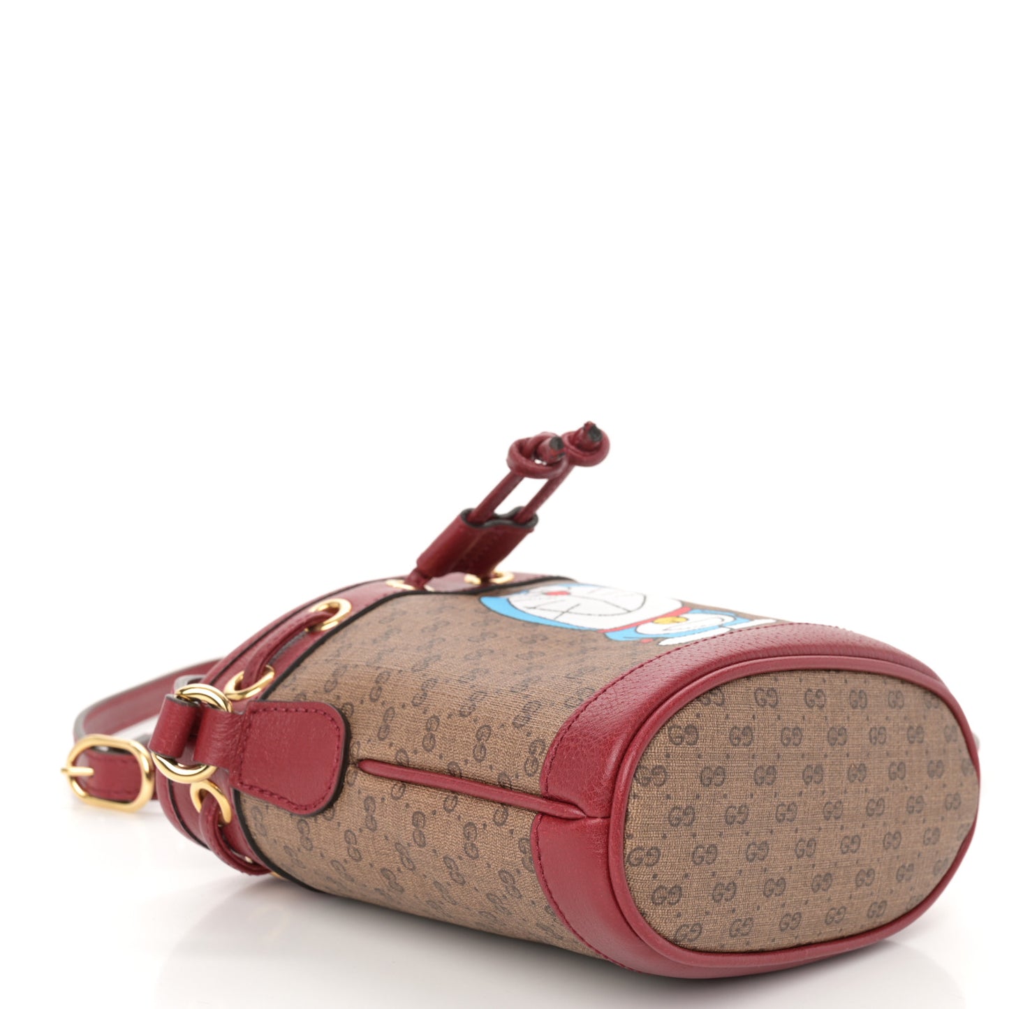 X DORAEMON Mini Vintage GG Supreme Monogram Textured Dollar Calfskin Mini Bucket Bag Beige Ebony Multicolor New Cherry Red