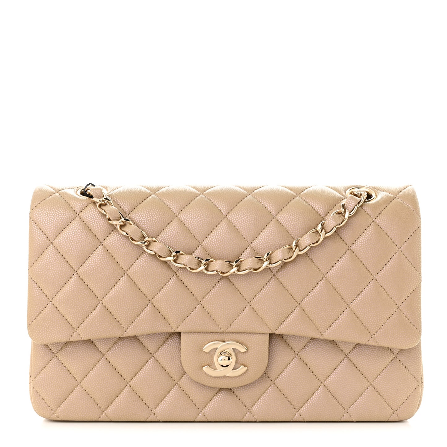 Iridescent Caviar Quilted Medium Double Flap Dark Beige