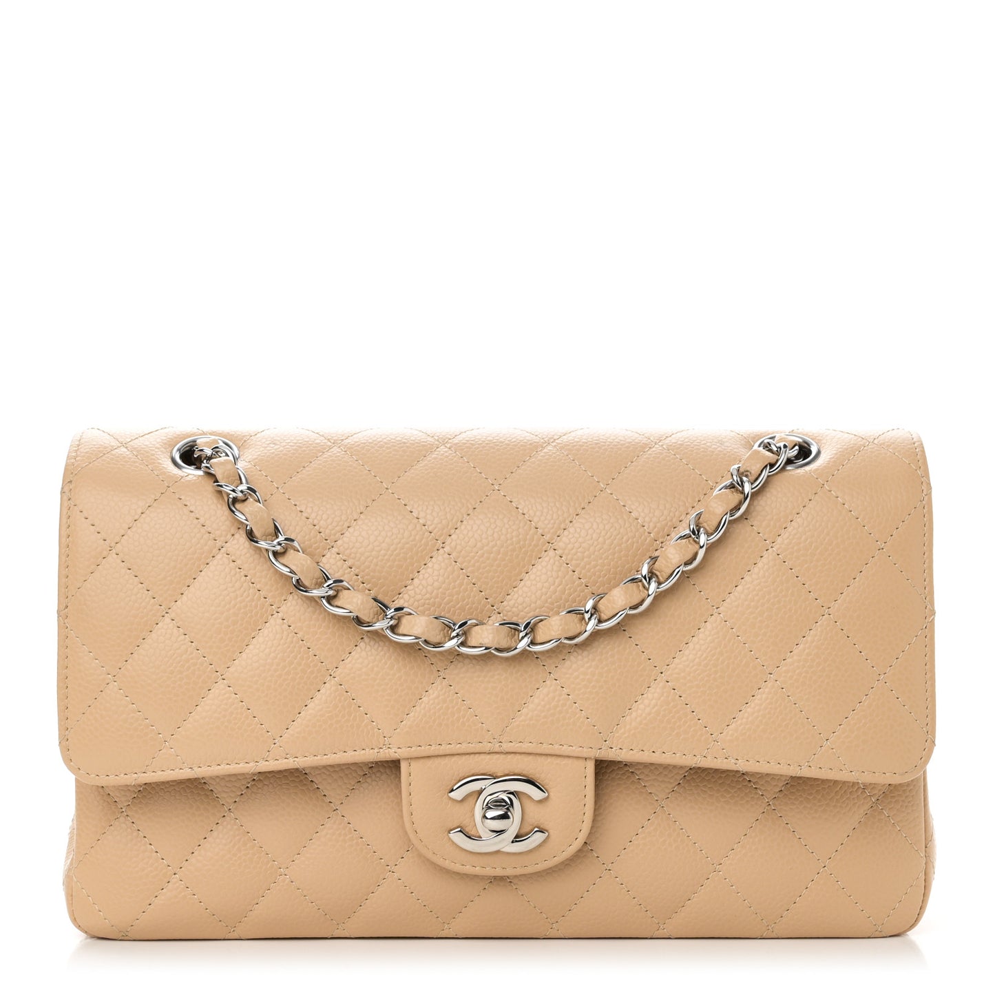 Caviar Quilted Medium Double Flap Beige