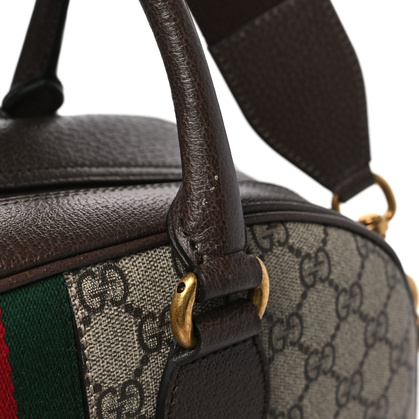 GG Supreme Monogram Textured Dollar Calfskin Web Medium Ophidia Top Handle Duffle Bag Beige Ebony New Acero