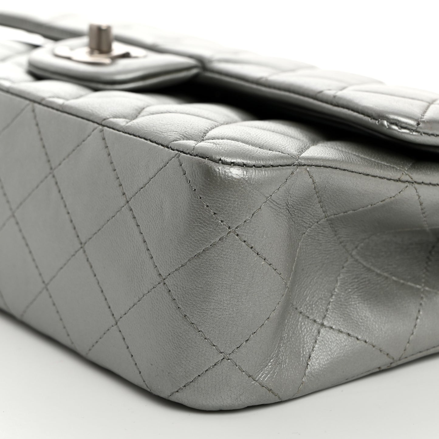 Metallic Lambskin Quilted Medium Double Flap Silver
