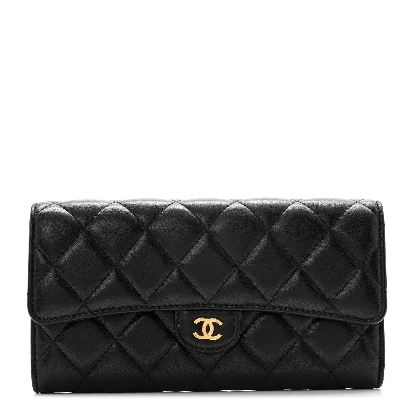 Lambskin Quilted Large Gusset Flap Wallet Black