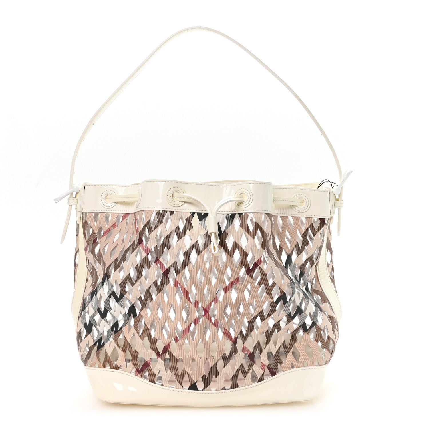 Burberry Super Nova Check Drawstring　Bag Burberry Patent PVC Supernova Check Net Drawstring Bag White