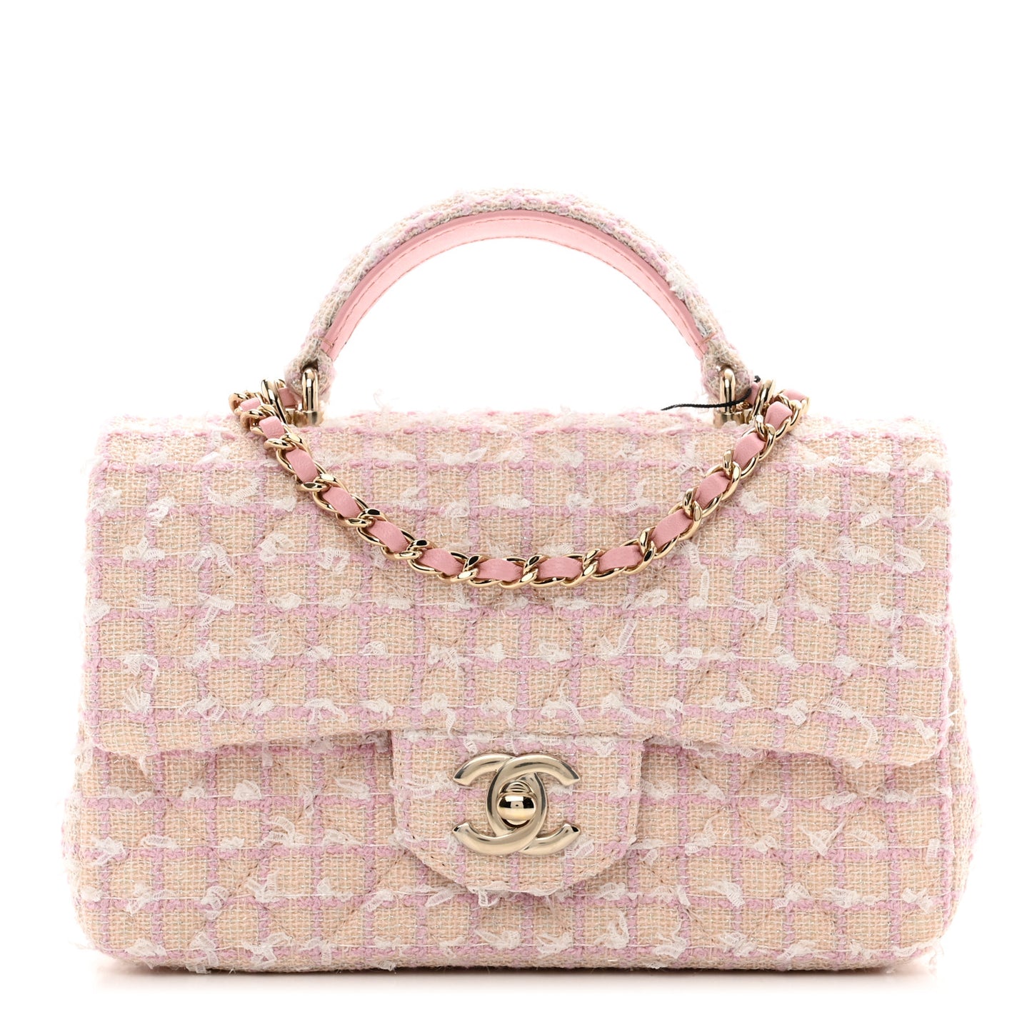 Tweed Quilted Mini Top Handle Rectangular Flap Light Pink