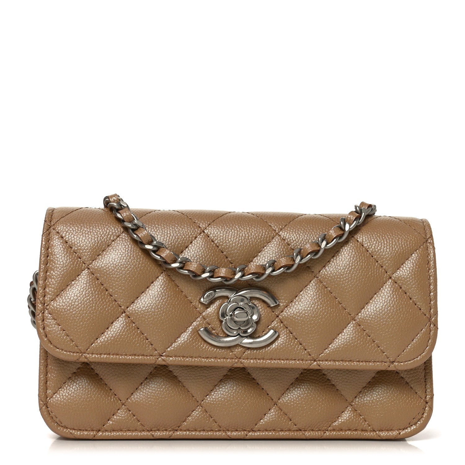 Chanel Iridescent Caviar Quilted Camellia Phone Holder With Chain