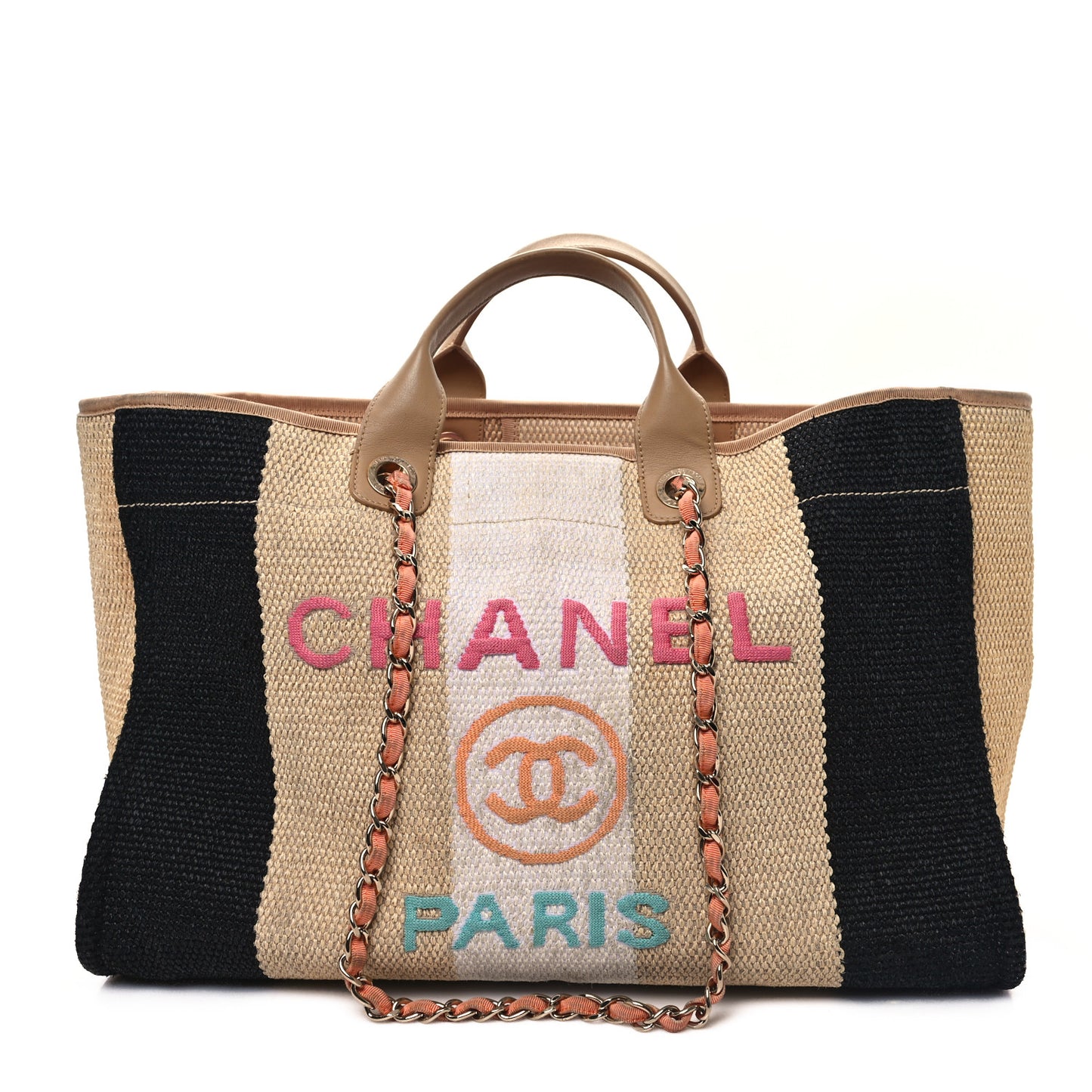 Straw Raffia Calfskin Striped Large Deauville Tote Black Beige Ivory