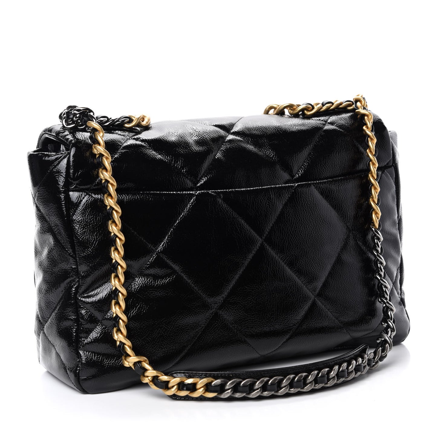 Shiny Crumpled Calfskin Quilted Maxi 19 Flap Black