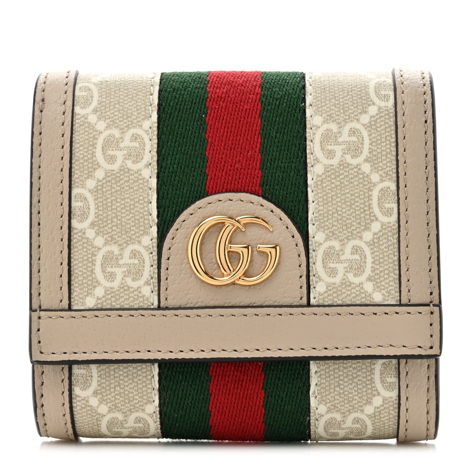 Gucci GG Supreme Monogram Textured Dollar Calfskin Web Ophidia Card Case Wallet Beige Mystic White Oatmeal 1 of 9