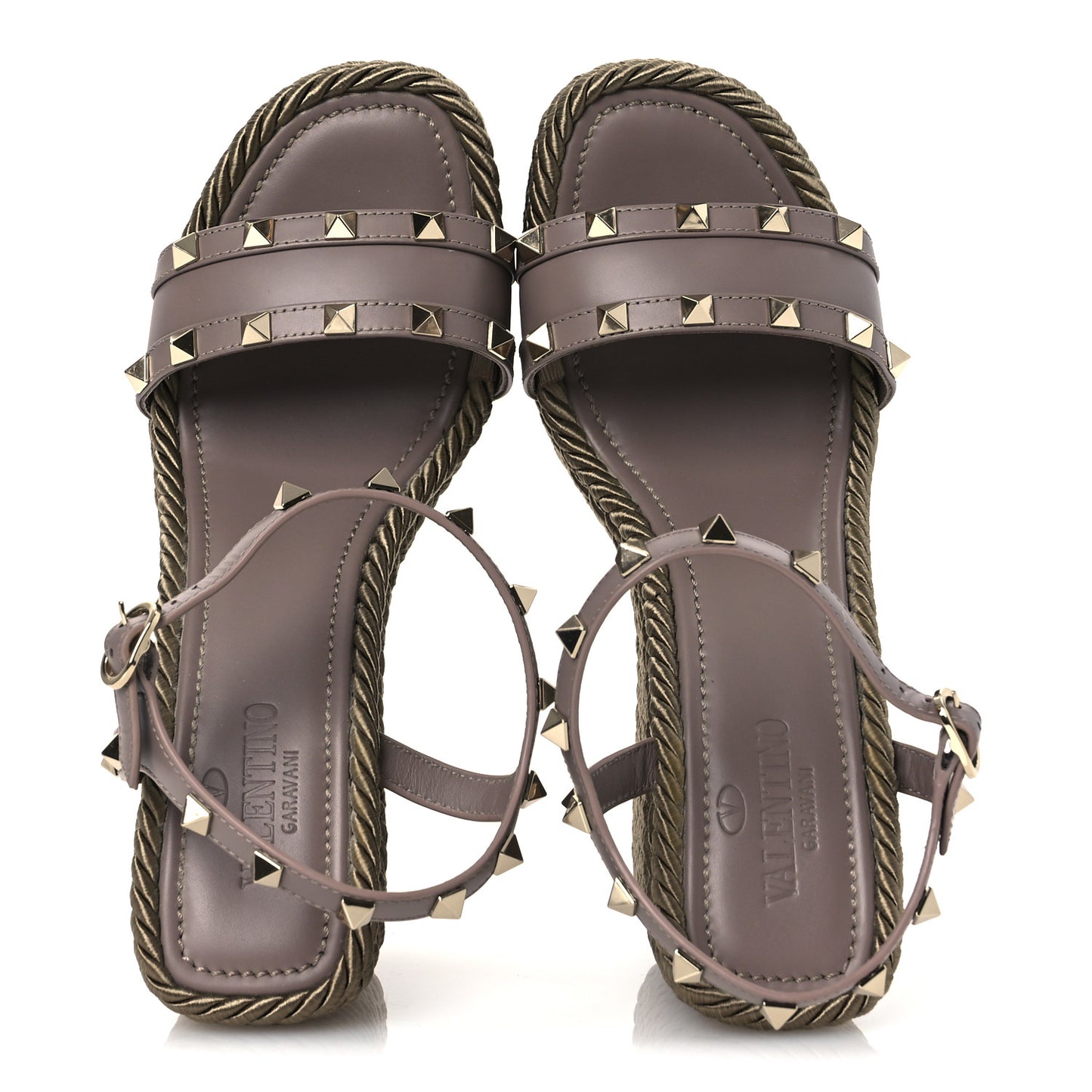Silk Calfskin Rockstud Torchon Espadrille Wedge Sandals 39 Clay