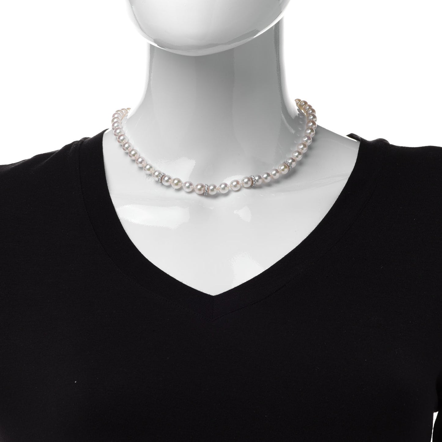 18K White Gold Diamond Akoya Pearl 7-7.5mm Strand Rondelle Necklace