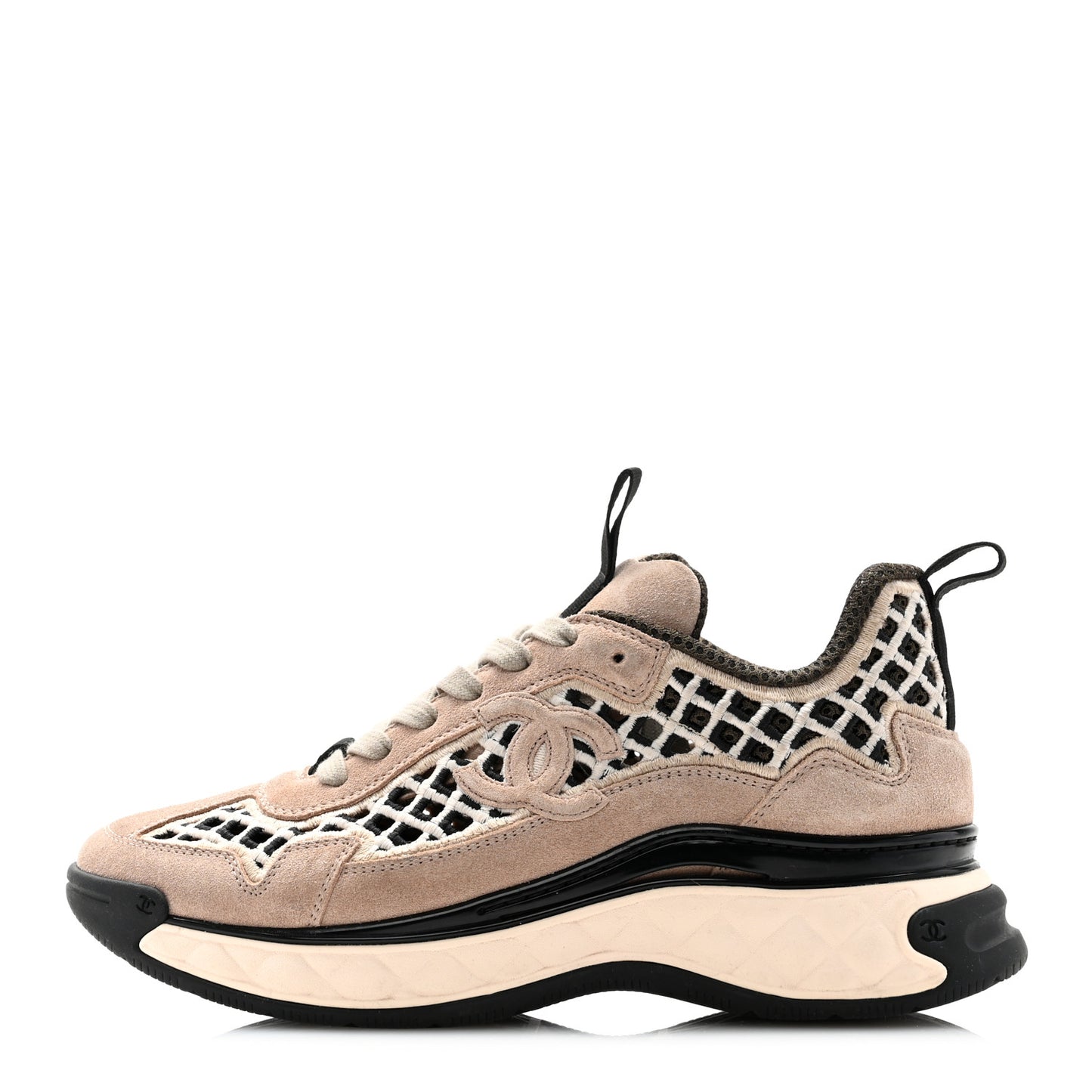 Suede Calfskin Embroidered CC Sneakers 37 Beige Black