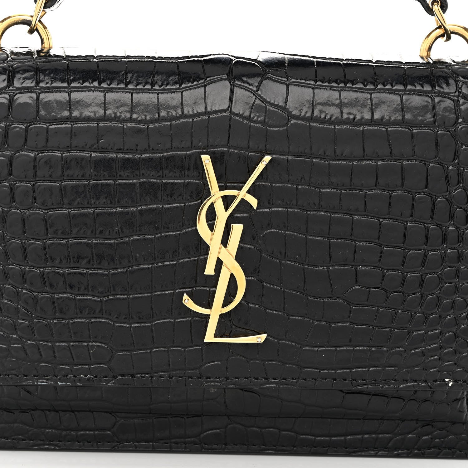 Saint Laurent Calfskin Crocodile Embossed Monogram Sunset Top Handle Chain Wallet Black 7 of 11