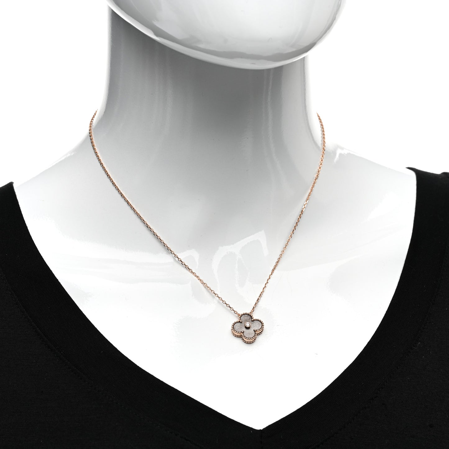 18K Rose Gold Diamond Silver Obsidian Vintage Alhambra Pendant Necklace