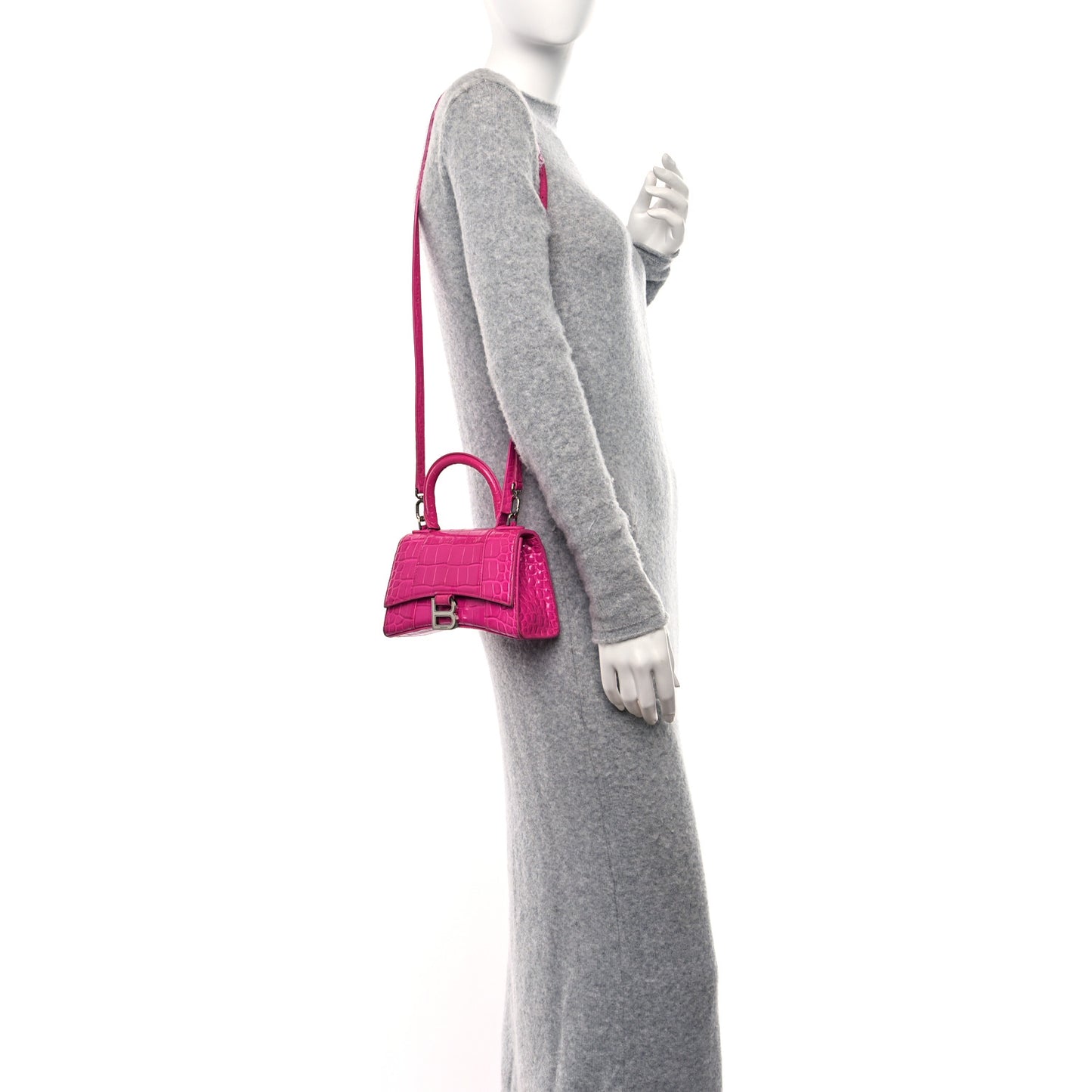 Shiny Calfskin Crocodile Embossed Hourglass Top Handle Bag XS Lipstick Pink
