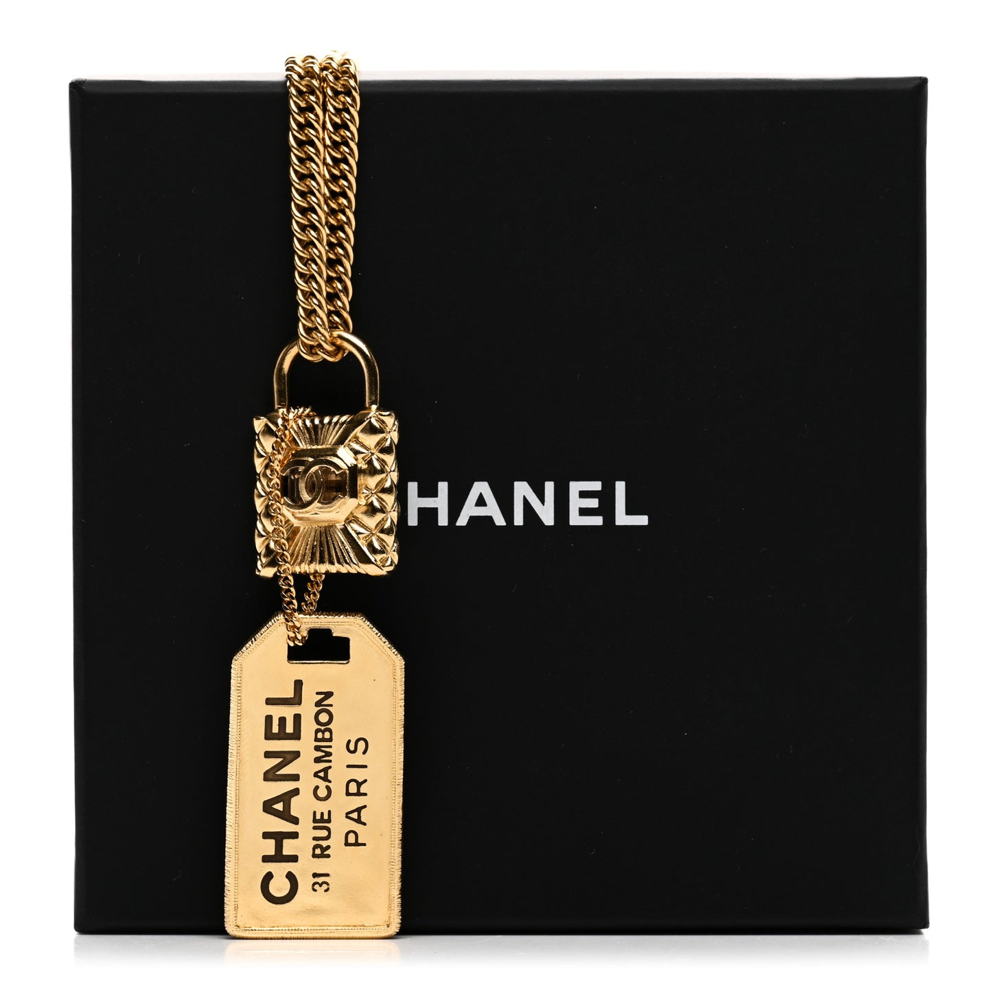 CC Padlock ID Dog Tag Charm Necklace Gold