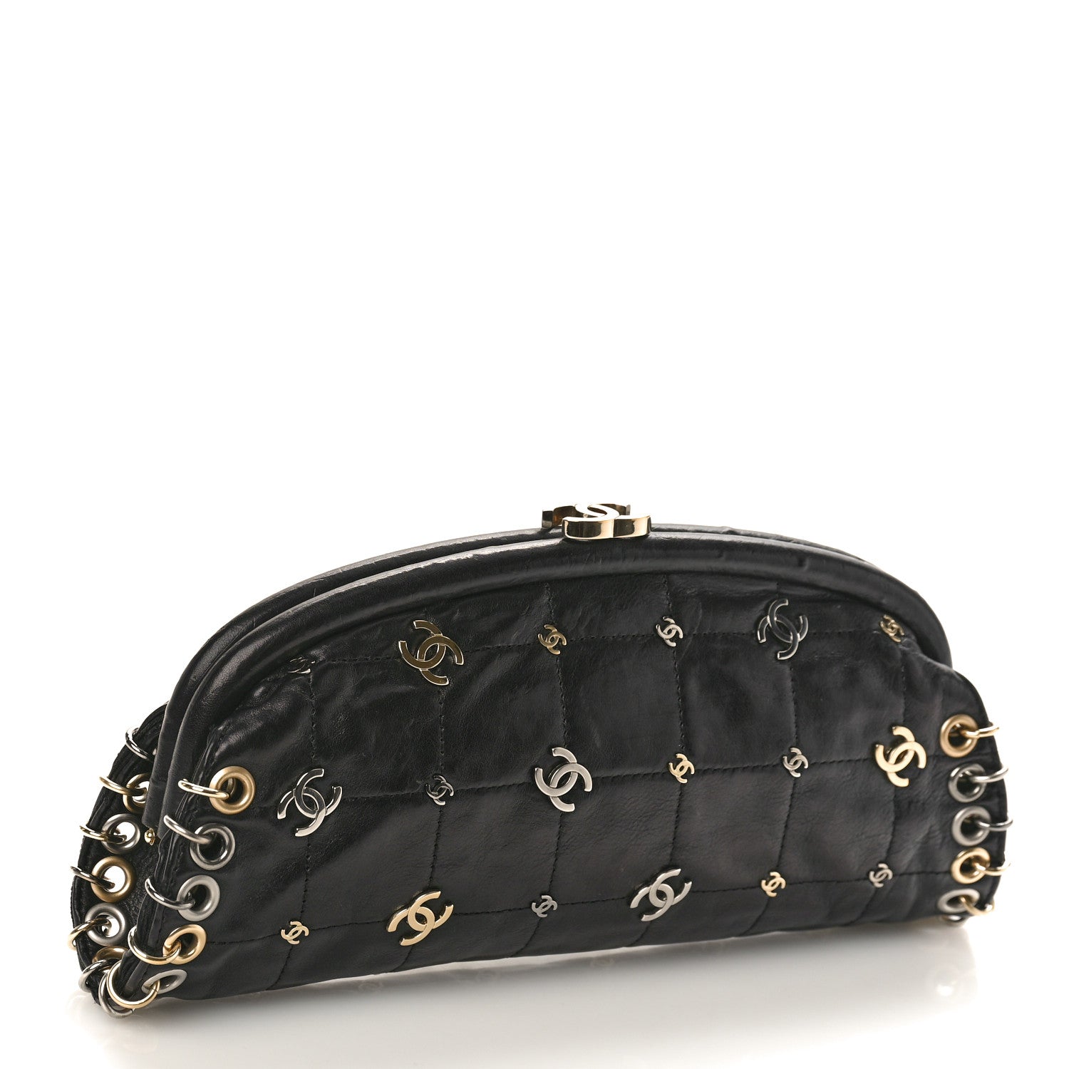 Chanel Calfskin Square Quilted Grommet Embellished Piercing Chic Clutch Black 3 of 9