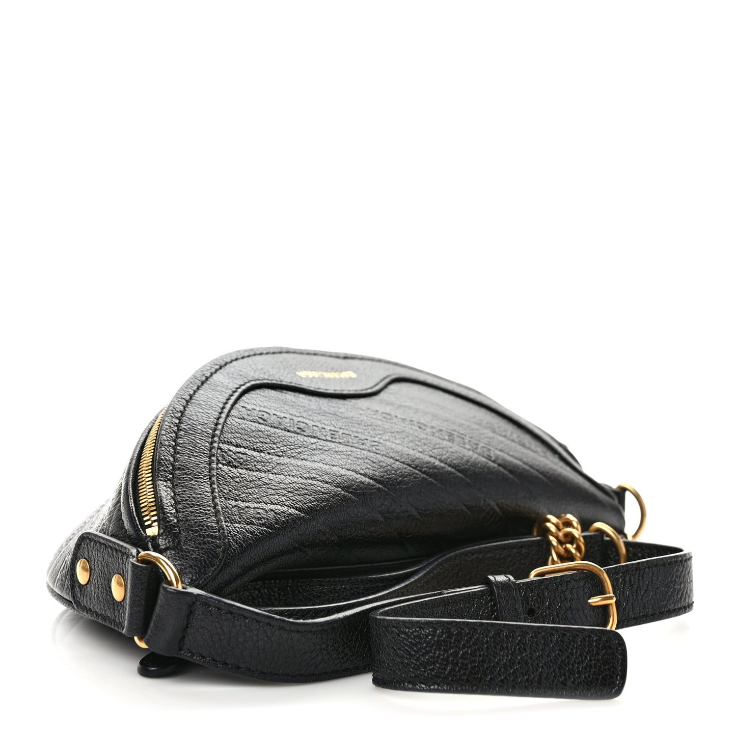 Shiny Goatskin Allover Logo Embossed XXS Souvenir Belt Bag Black