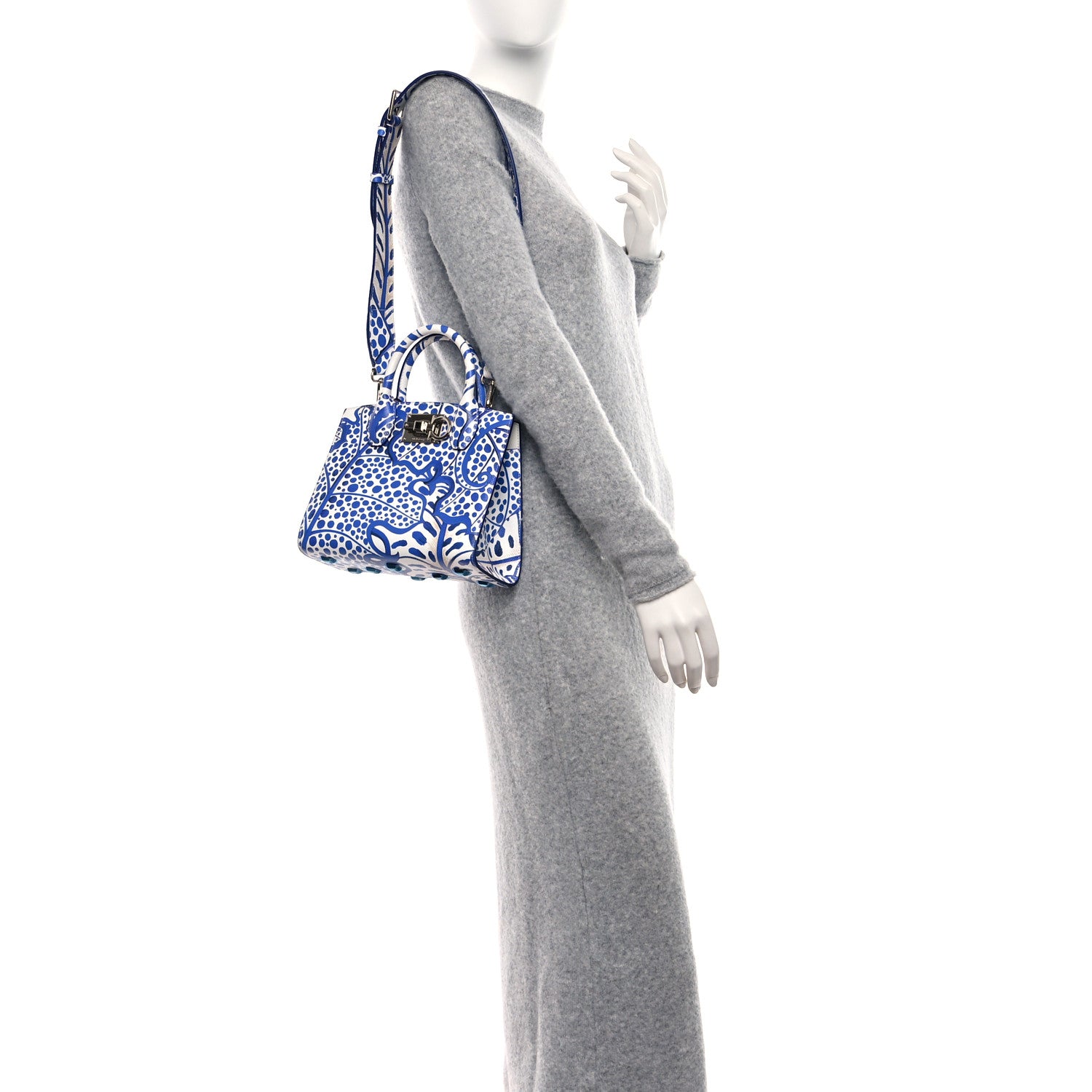 Salvatore Ferragamo Calfskin Foliage Print Mini The Studio Bag White Blue 3 of 8
