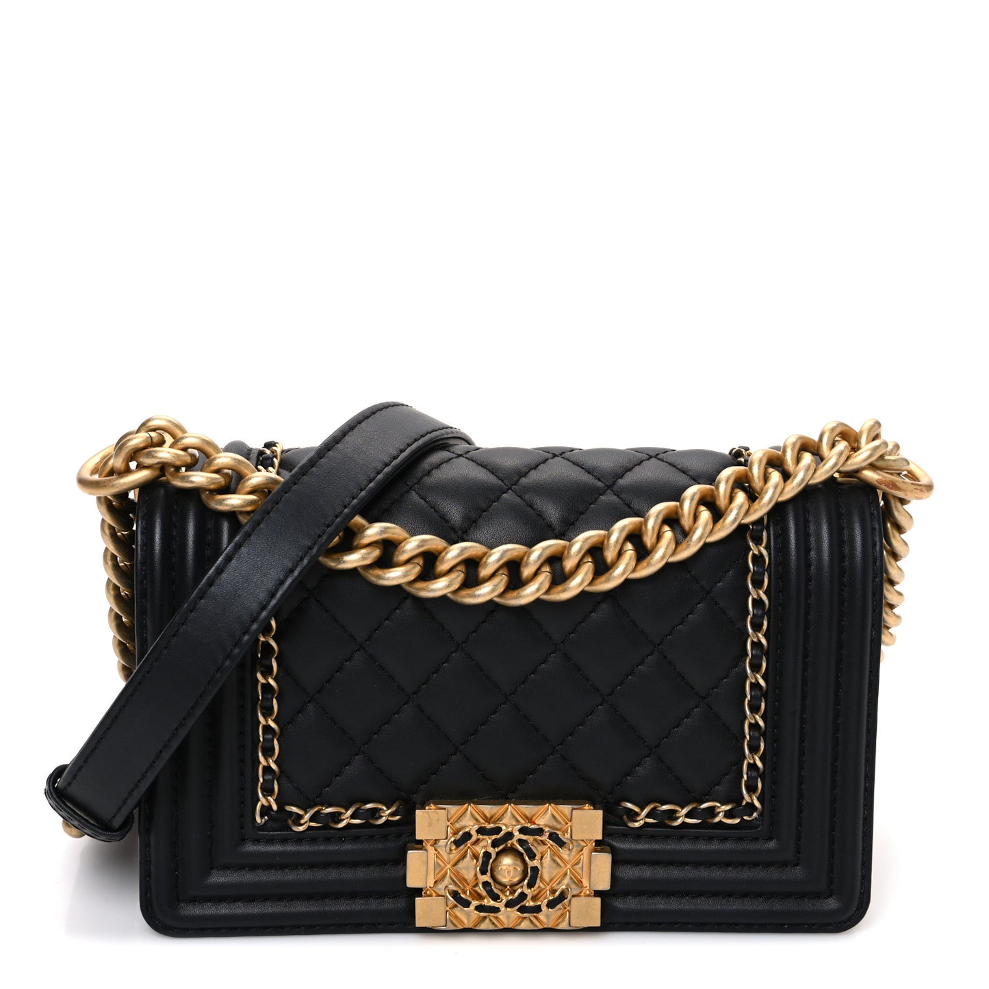 Lambskin Quilted Small Chain Around Boy Flap Black