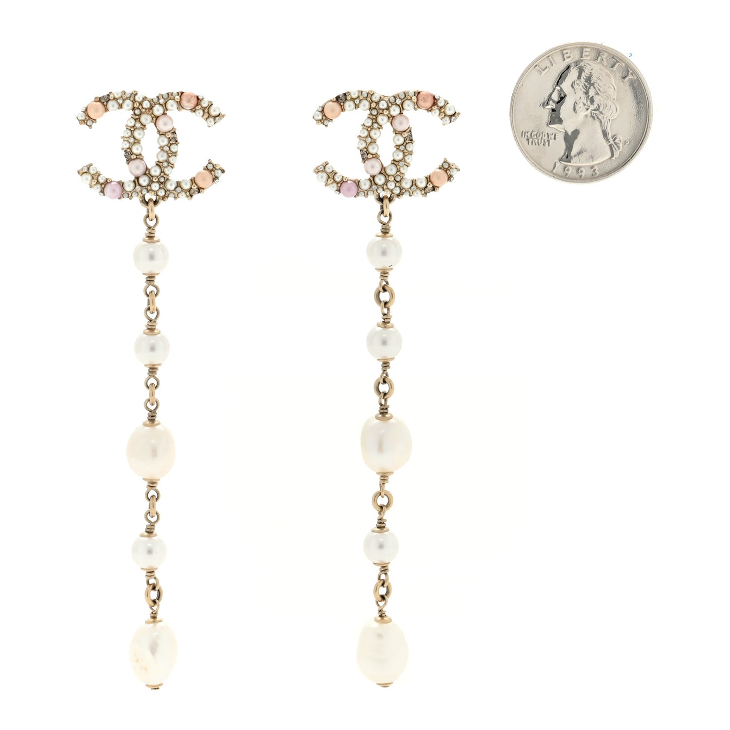 Pearl Crystal CC Charm Drop Earrings Gold Pink Pearly White