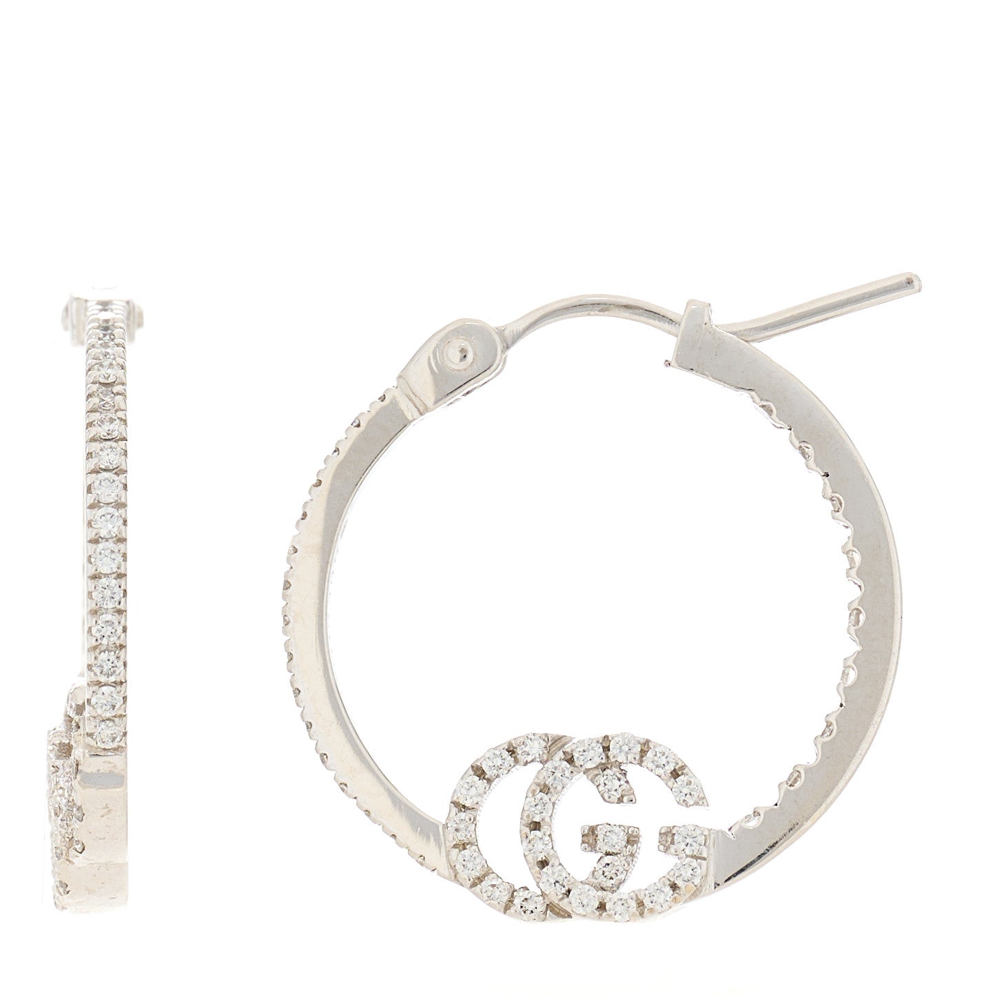 Gucci 18K White Gold Diamond Running GG Inside Out Hoop Earrings 1 of 5