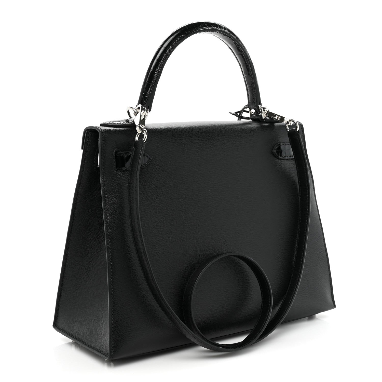 Hermes Madame Calfskin Shiny Niloticus Crocodile Kelly Sellier Touch 28 Black 3 of 13