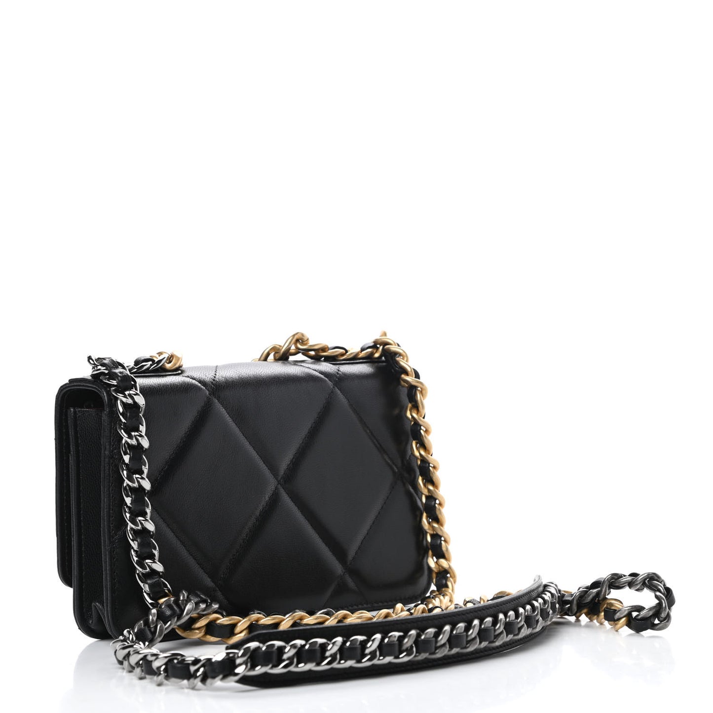 Shiny Goatskin Quilted Chanel 19 Wallet On Chain WOC Black