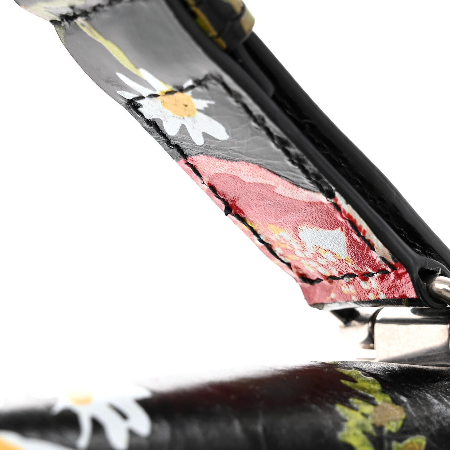 Shiny Paper Calfskin Floral Print Large Crush Sling Bag Black Red