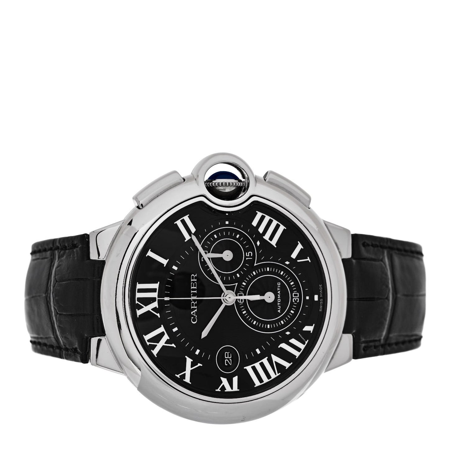 Stainless Steel Alligator 44mm Ballon Bleu De Cartier Chronograph Automatic Watch Black