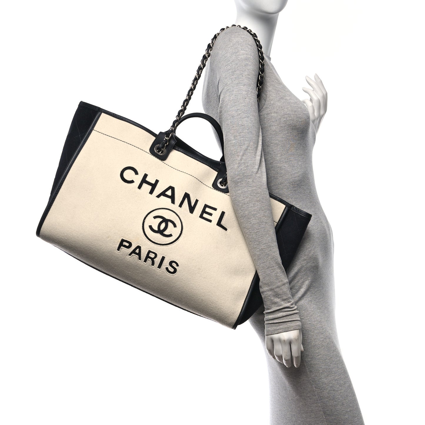 Wool Felt Calfskin Large Deauville Tote White Black