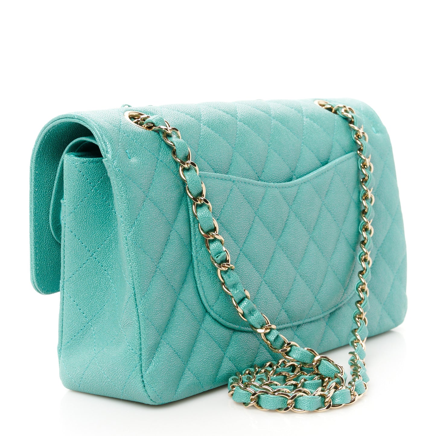 Iridescent Caviar Quilted Medium Double Flap Green