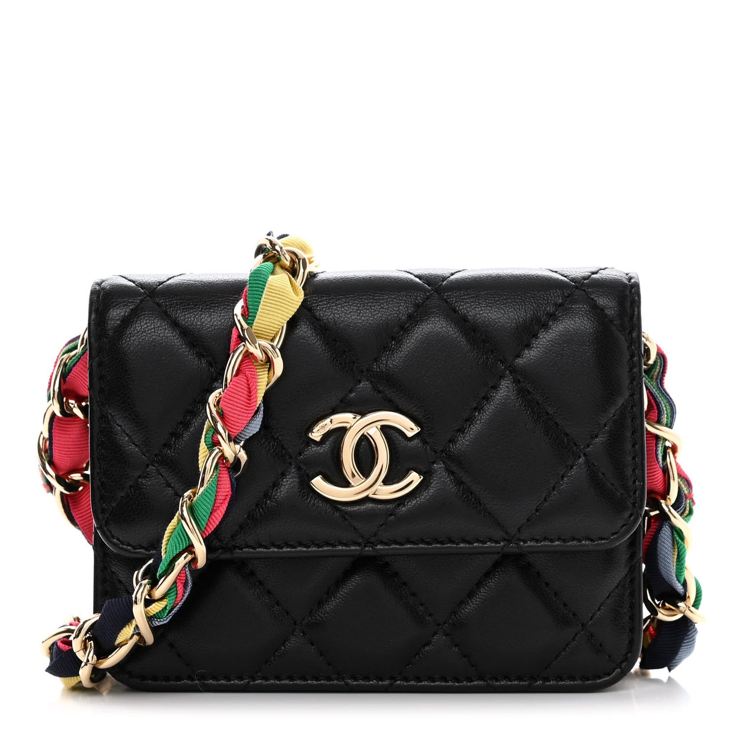 Shiny Lambskin Ribbon Quilted Flap Belt Bag Black